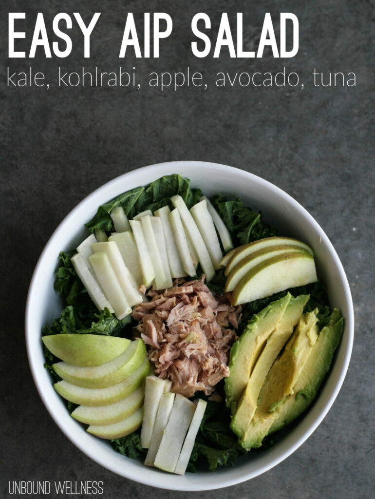 Easy Autoimmune Protocol Salad Kale, Kohlrabi, Avocado, Apple and Tuna