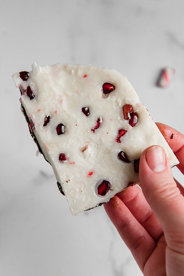 Peppermint bark made with pomegranate seeds.