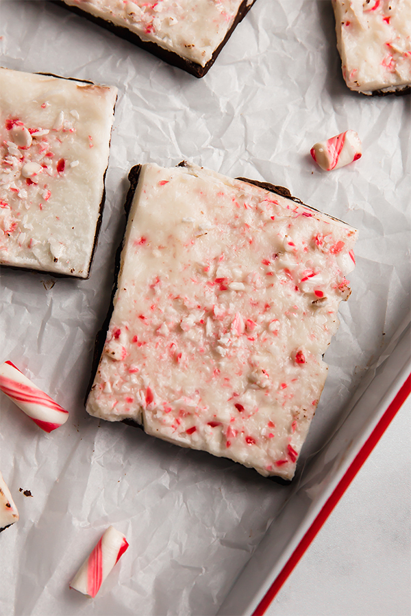 A close-up of a piece of peppermint bark.