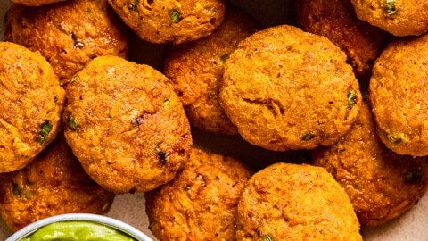 Sweet Potato Chicken poppers with dipping sauce.