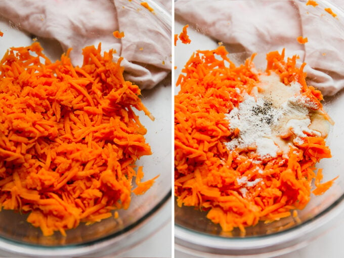 a side by side photo of shredded sweet potato in a bowl, and sweet potato with flour and seasonings in a bowl.