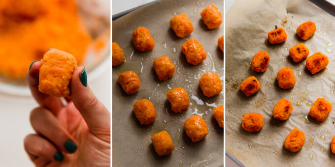 side by side photos of sweet potato tots being formed, and baked on a baking sheet.