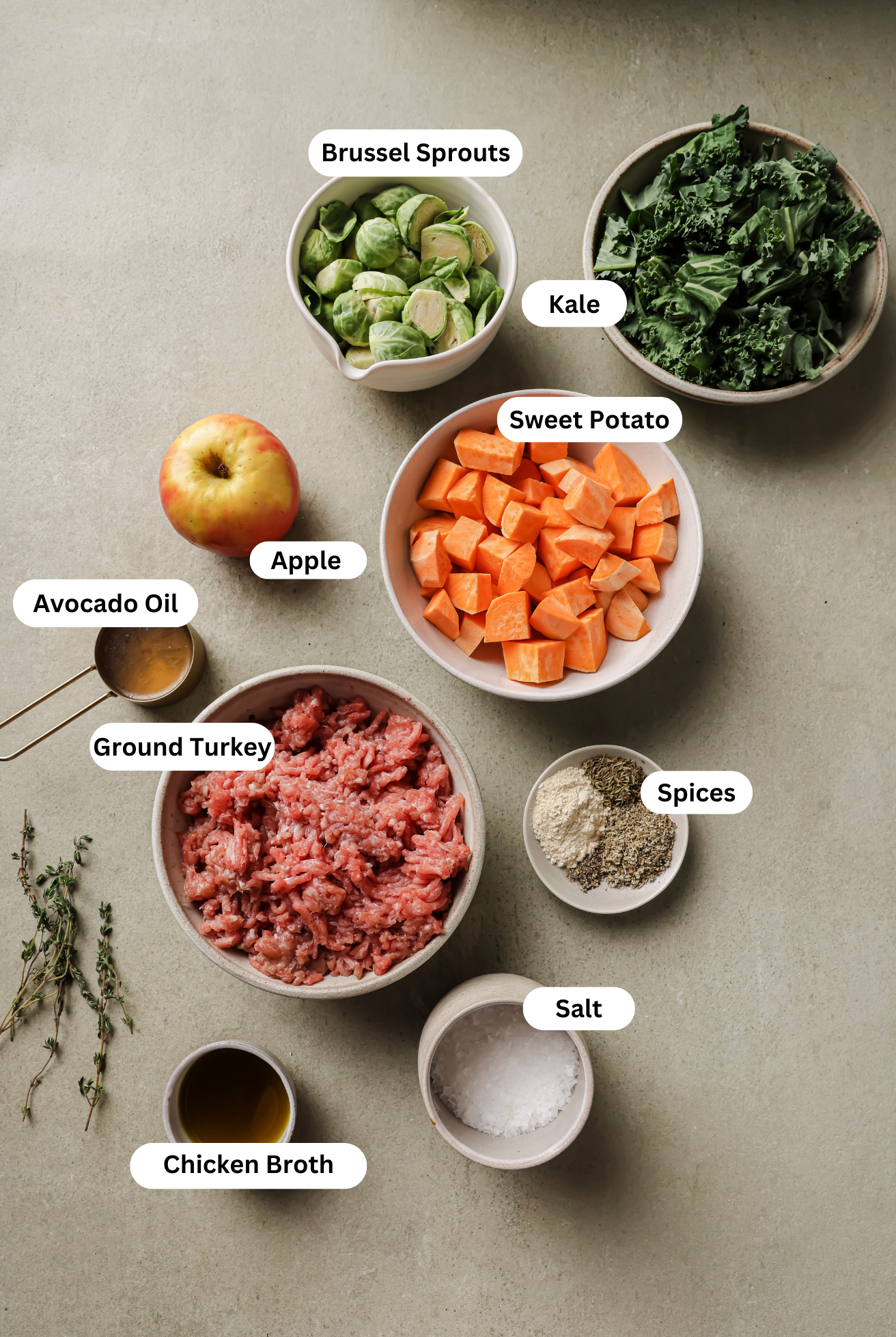 All the ingredients for turkey and sweet potato breakfast hash before cooking.