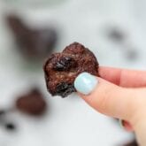 A hand with blue nails holding a beef jerky bite.