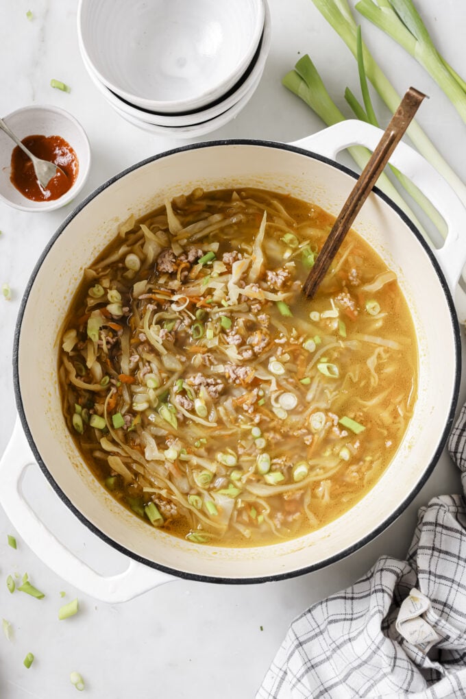 Egg roll soup in a large cast iron pot.