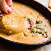 Grain free chip dipping into dairy free queso.
