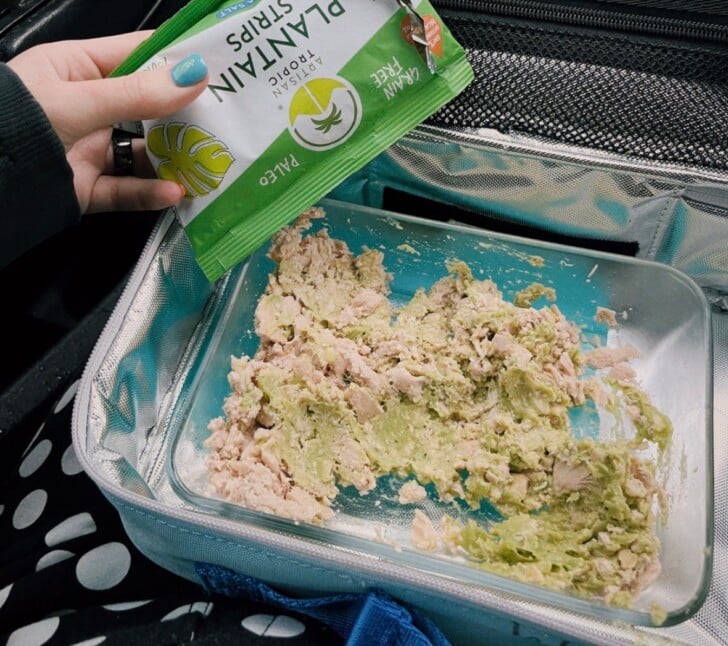 avocado tuna salad in a glass container