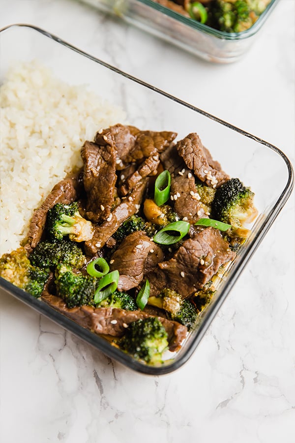 Beef and broccoli stir fry meal prep lunch box containers with