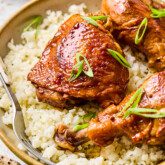 Filipino chicken adobo over a bed of cauliflower rice.