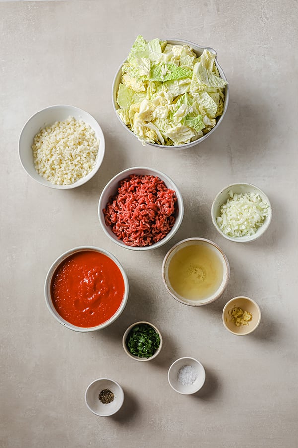 Cabbage roll ingredients in separate bowls. 