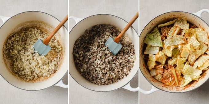 Three side by side photos of unstuffed cabbage rolls being cooked. 