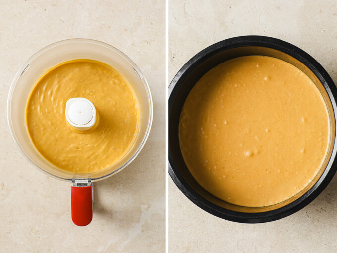 a side by side photo of cheesecake filling in a food processor and in a baking pan.
