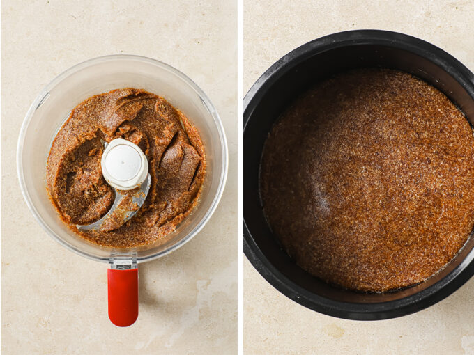 a side by side photo of the crust in a food processor and in a baking pan.
