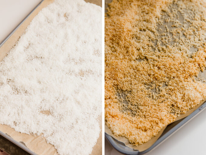 Coconut on a baking sheet before and after being toasted.