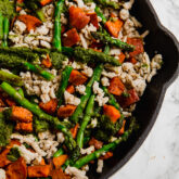 A pan filled with asparagus turkey & sweet potato skillet.