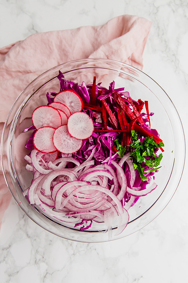 purple coleslaw in bowl