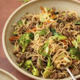 Ground beef ramen stir fry in a large bowl.