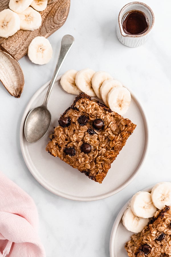 Baked Oatmeal on plate with bananas