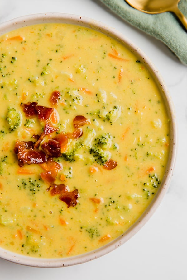 Broccoli cheese soup in a bowl with bacon 