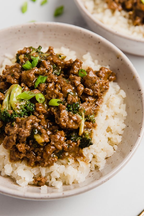 Ground beef and broccoli in a bowl