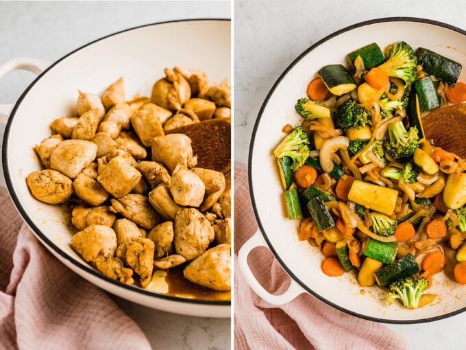 side by side photo of hibachi chicken in a pan, and cooked vegetables in a pan.