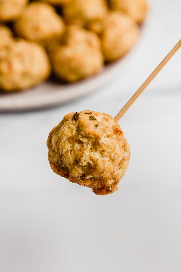 one sausage ball with a tooth pick