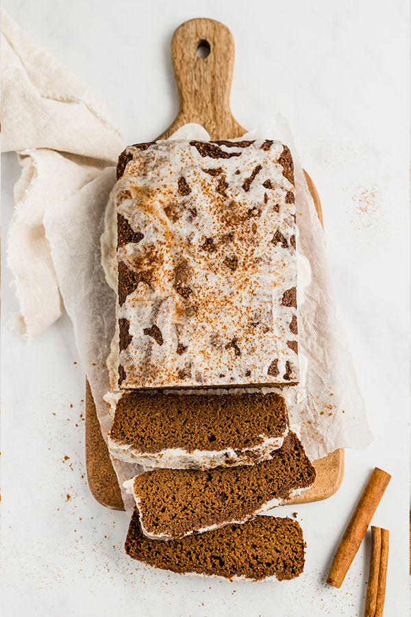 sweet potato gingerbread loaf and slices on cutting board