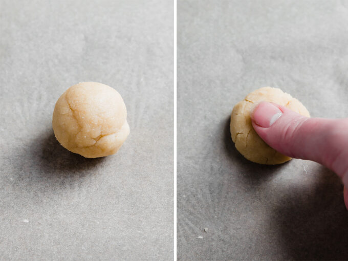 thumbprint cookie dough ball on left, thumbprint cookie dough ball with finger making thumbprint on right