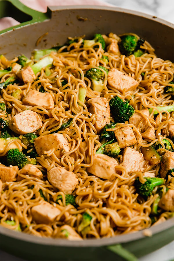 chicken and ramen stir fry in bowl up close