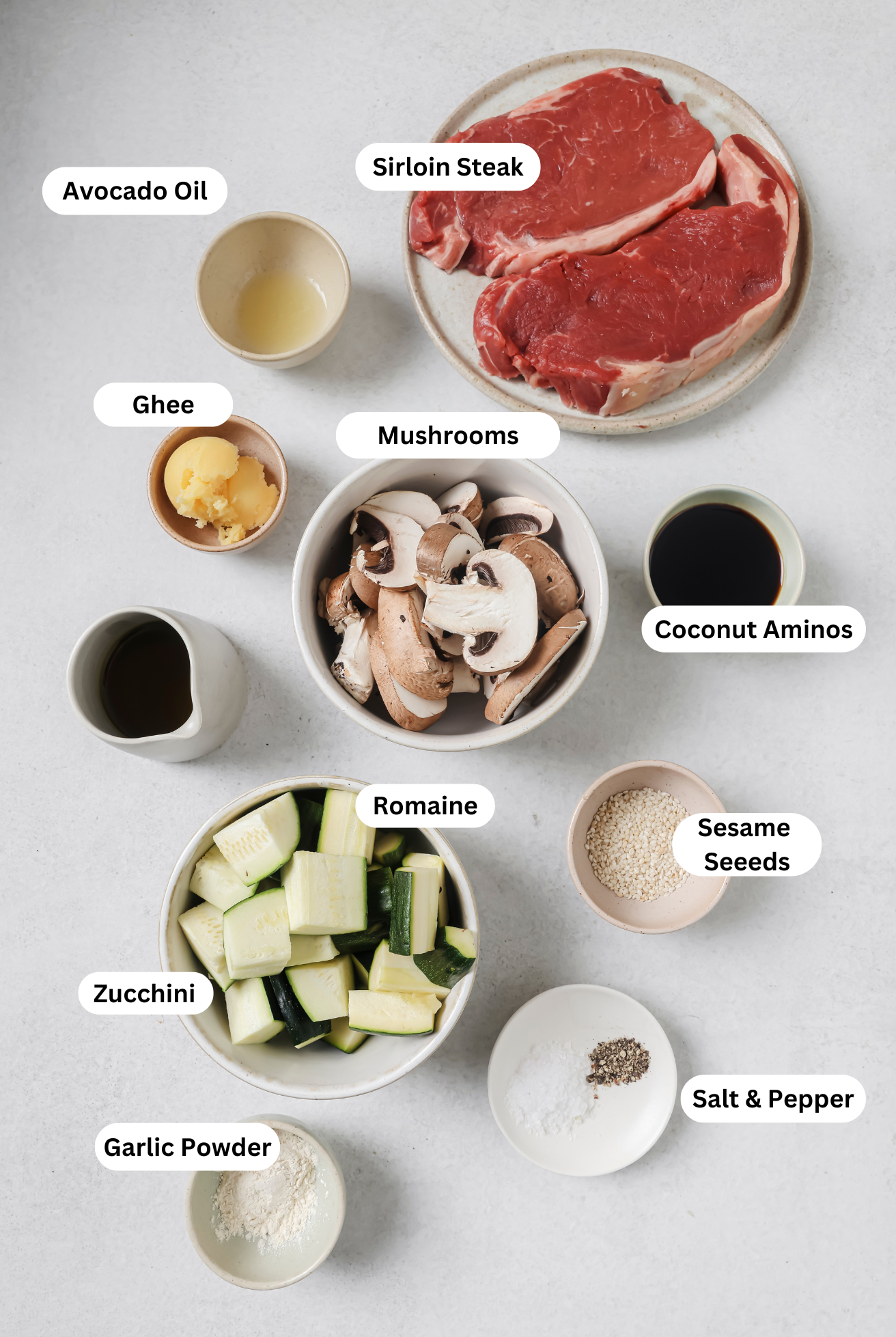 All of the ingredients to make hibachi steak bites with vegetables ready to be cooked.