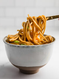 hibachi noodles in bowl with chopsticks