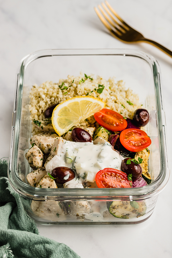 greek chicken meal prep in meal prep container
