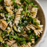Spring pasta salad in a bowl.