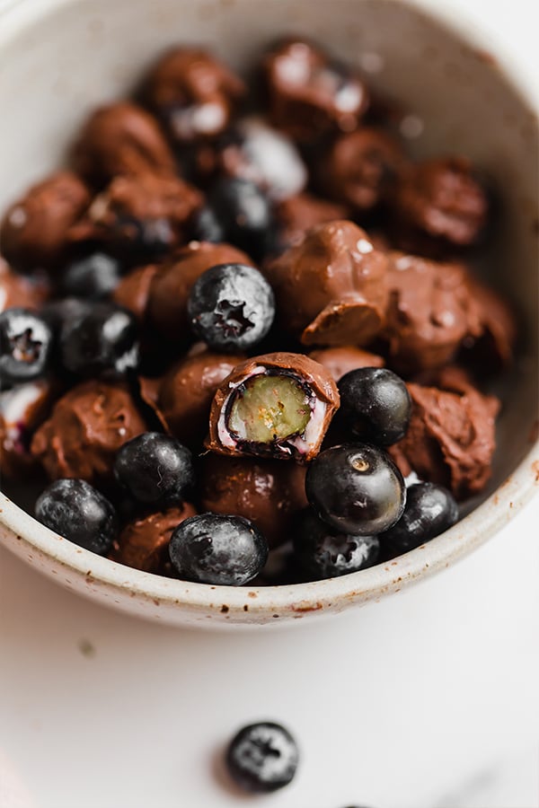 Chocolate covered blueberries in bowl