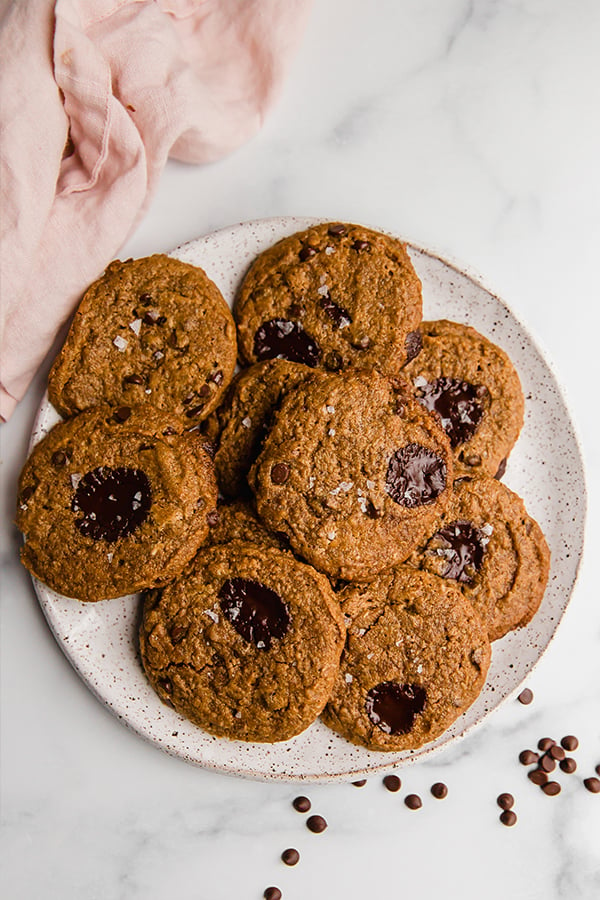 almond butter cookies overhead on a plate