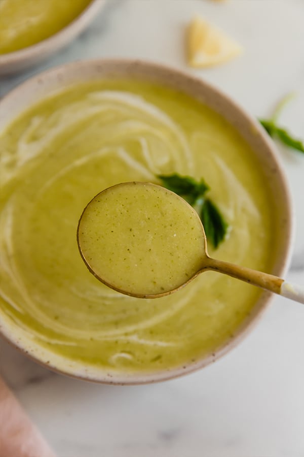 Up close spoonful of zucchini soup
