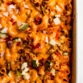 Baking dish of bacon cheeseburger pasta.