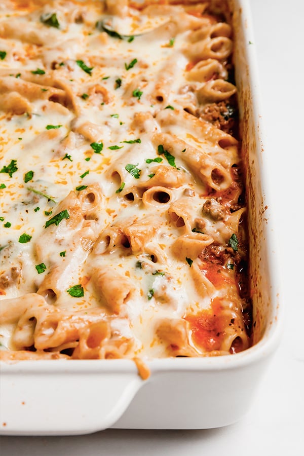 A baking dish filled with no-boil pasta bake.