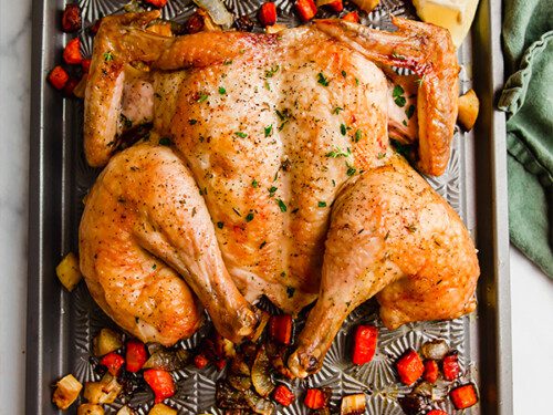 One Pan Oven Spatchcocked Chicken and Vegetables {Whole30, Paleo