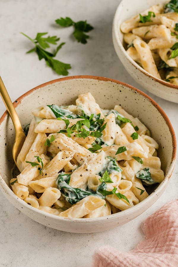 A bowl of Easy Penne Alfredo with chopped parsley on top. 