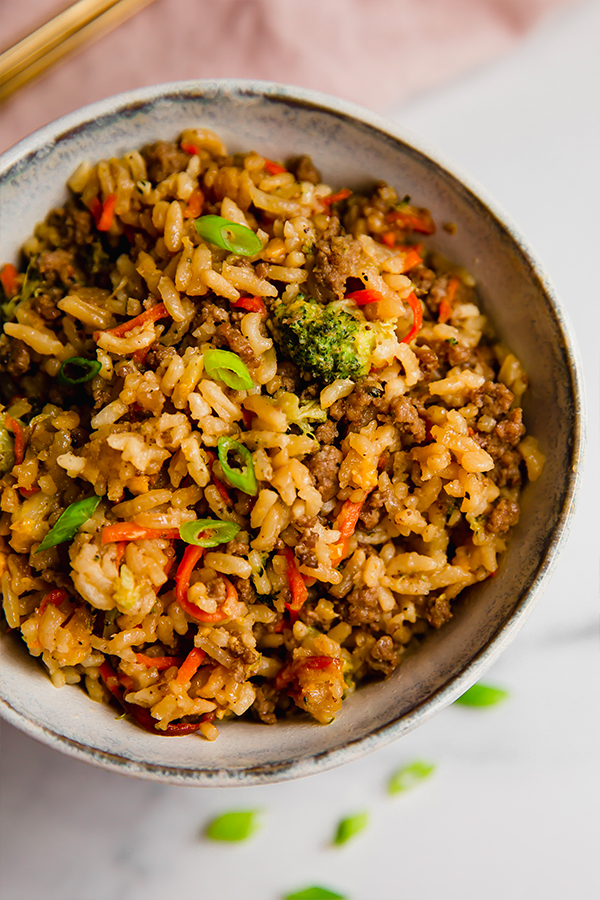 A bowl of ground beef fried rice.
