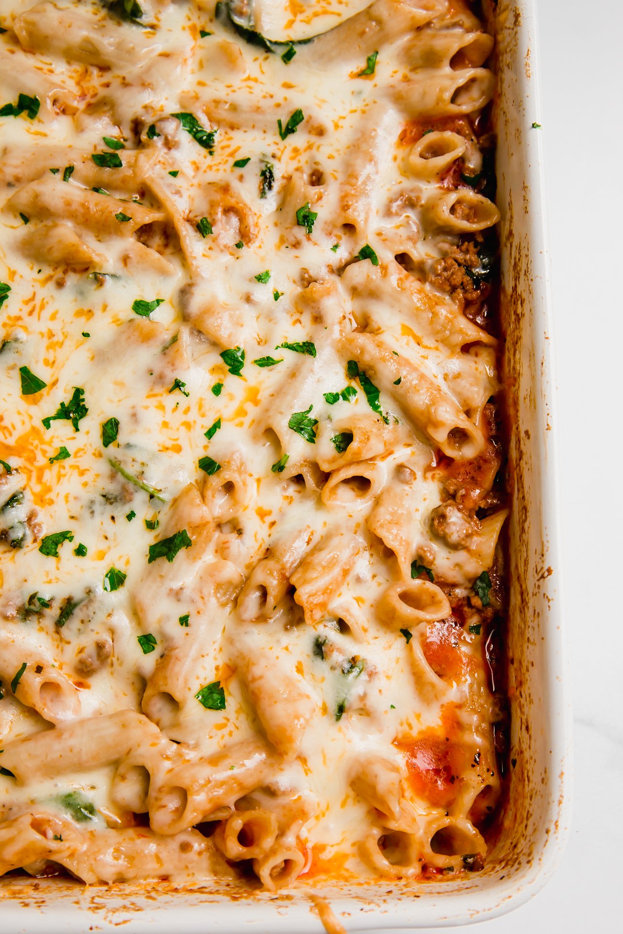 No boil pasta bake in ceramic baking dish.