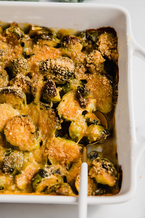 A tray of brussels sprouts gratin.