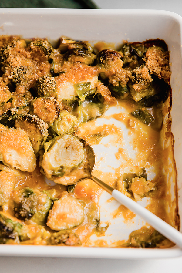 A serving dish of brussels sprouts gratin.