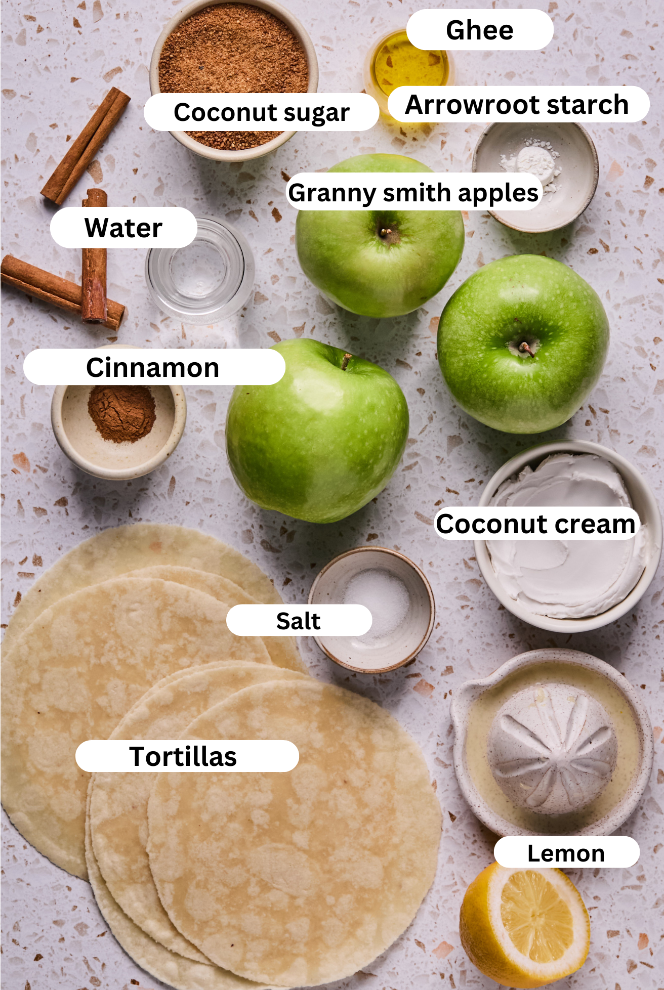 Apple pie roll up ingredients in separate bowls