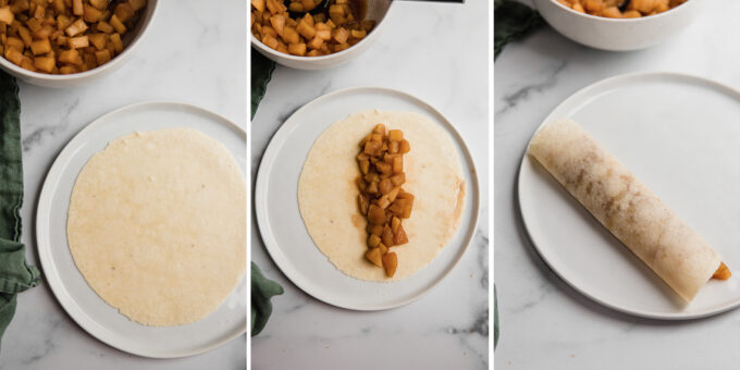 A three step phot of stuffing the tortilla with apple mixture.