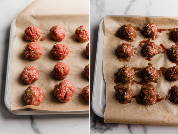 The meatballs on a sheet pan before and after baking.