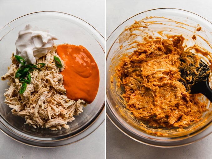 Mixing together the ingredients for the buffalo chicken egg rolls.