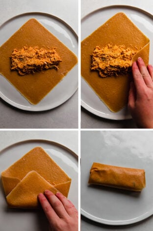Collage of wrapping a coconut wrap around buffalo chicken mixture.