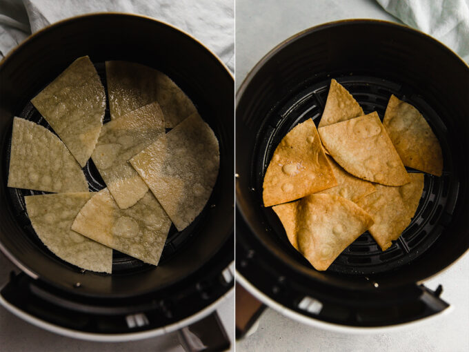 Tortilla pieces in the air fryer before and after cooking.